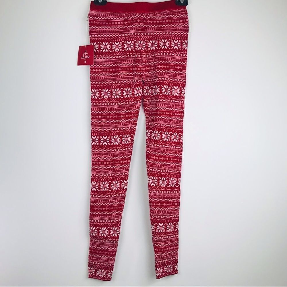Yet Again Red Cozy Stretch pants with White Nordic Snow Pattern NEW